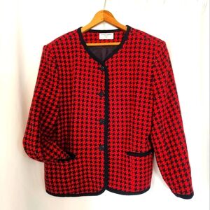 Vintage Alfred Dunner Red Navy Houndstooth 16 Wool Blend Blazer Jacket Petite‎